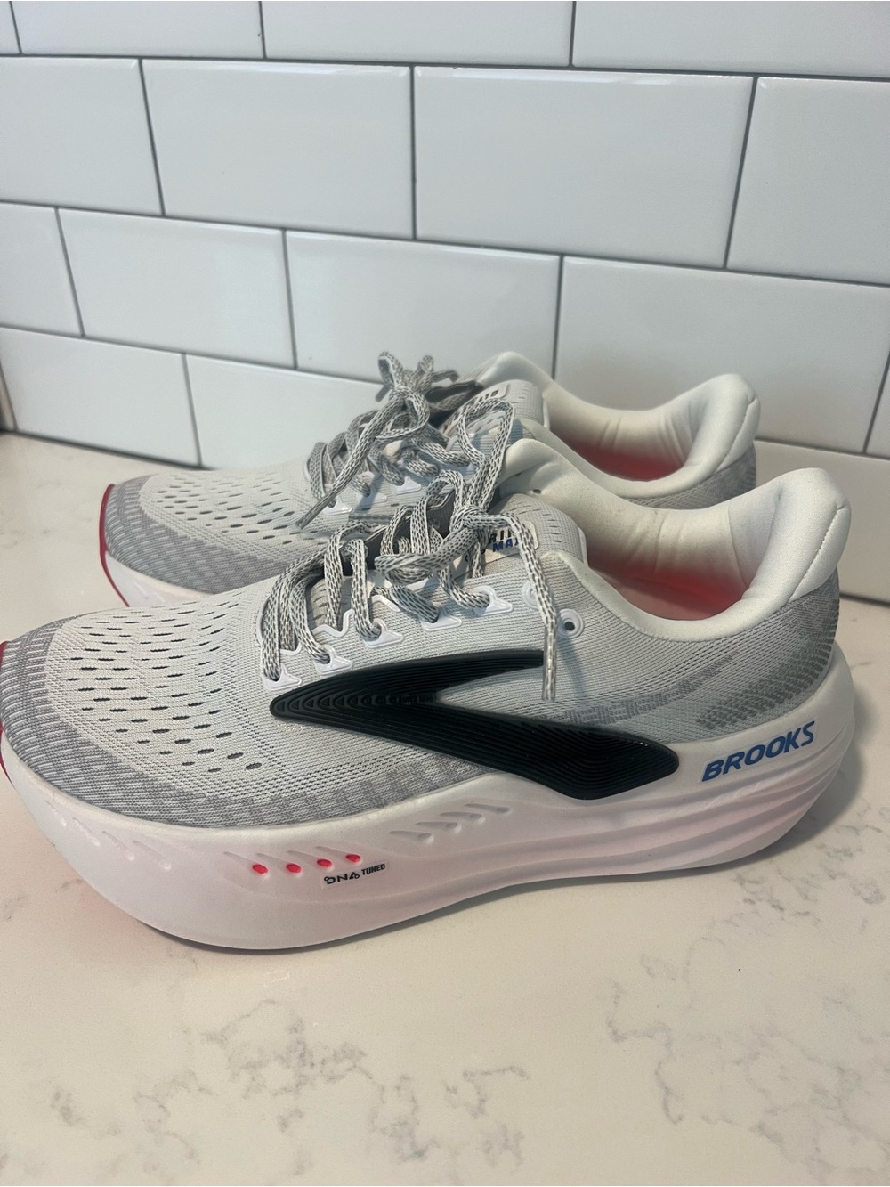 Brooks Women’s White and Black Running Shoes with Pink Accent